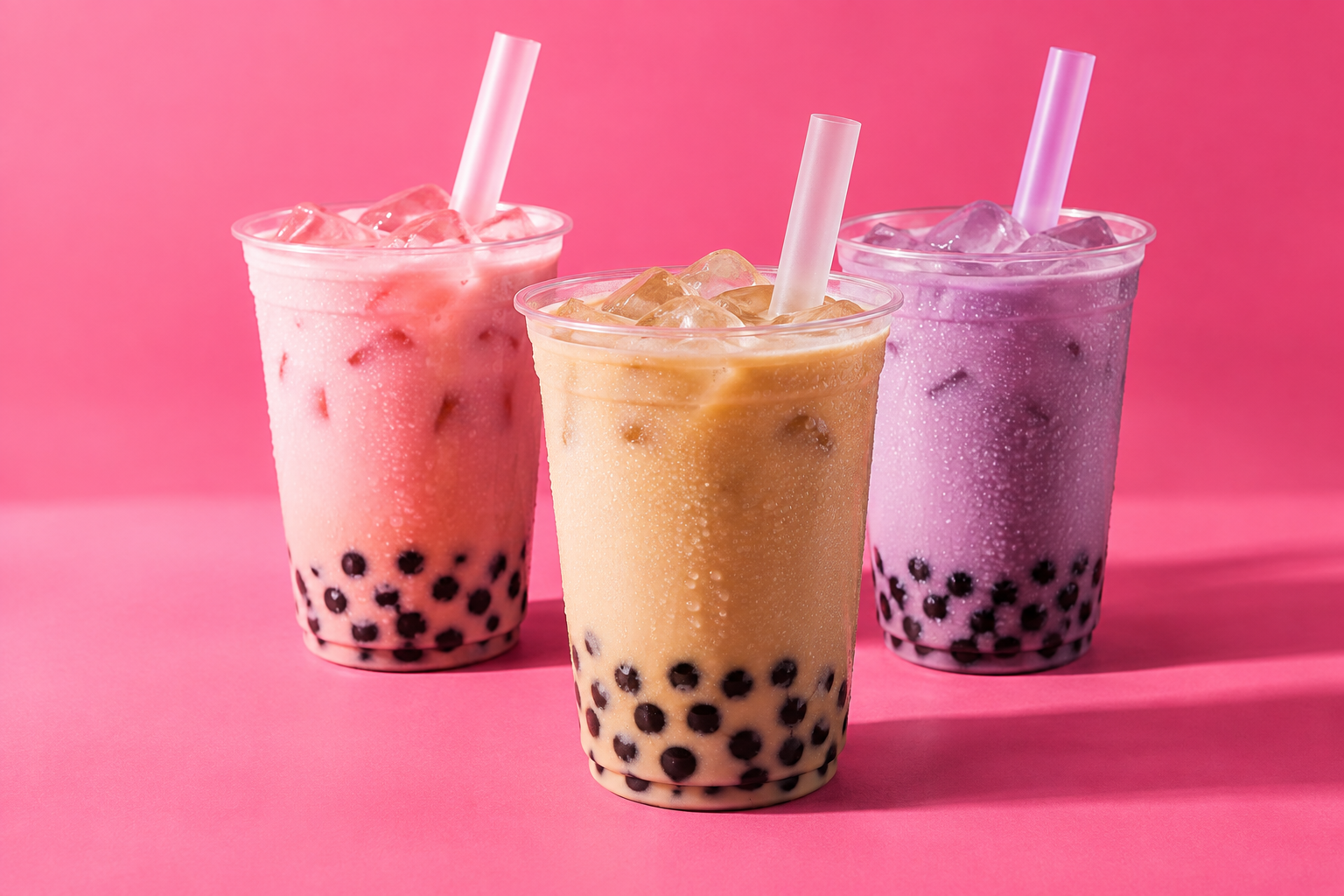Illustrative studio image of colorful bubble tea drinks